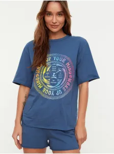 Trendyol Blue Slogan Printed Knitted Pajamas Set #670761