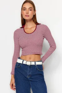 Trendyol Claret Red Striped Crop Slim Polo Neck Corduroy Stretch Knitted Blouse
