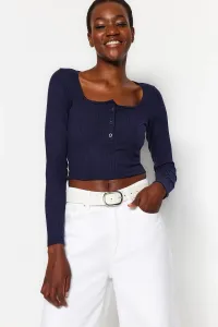 Trendyol Navy Blue Button Detailed Square Collar Fitted/Situated Corduroy Stretch Knitted Blouse
