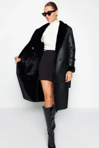 Trendyol Black Belted Long Faux Leather Coat with Fur Collar Detail