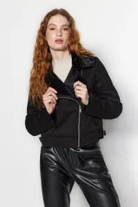 Trendyol Black Premium Plush Detailed Crop Suede Biker Jacket Coat #8516519