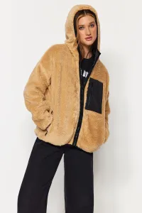 Trendyol Camel oversize plyšový kabát s kapucňou a detailom vrecka
