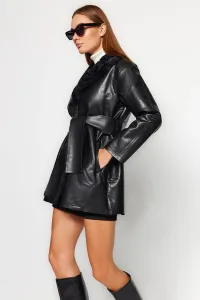 Trendyol Black Premium Oversize Wide-Cut Belted Plush Collar Detailed Faux Leather Coat #7656856