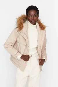 Trendyol béžová kožušina s kapucňou nafukovací kabát