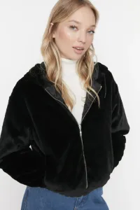 Trendyol čierny oversized plyšový kabát s kapucňou #5053788