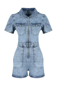 Trendyol Blue Belted Stitching Detailed Denim Jumpsuit
