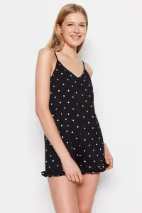 Trendyol Black 100% Cotton Polka Dot and Heart Patterned Rope Strap Knitted Jumpsuit
