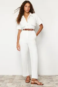 Trendyol White Short Sleeve Belted Denim Jumpsuit