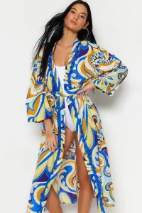 Trendyol Abstract Pattern Belted Midi Woven Kimono & Kaftan 100% Cotton With Tassels #6010199