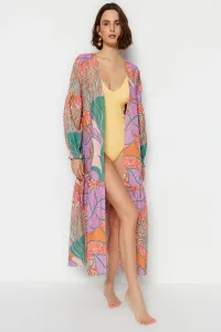 Trendyol Tropical Pattern Belted Maxi Woven Balloon Sleeve 100% Cotton Linen Look Kimono & Kaftan