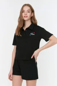 Trendyol Black Embroidered Crop Knitted Pajamas Set #4843246