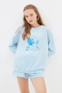 Trendyol Blue Slogan Printed Knitted Pajamas Set