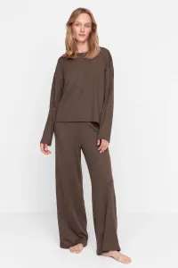 Trendyol hnedá káblová bavlnená tričko-nohavice pletená pyžamová súprava