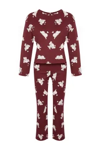 Trendyol Claret Red 100% Cotton Elephant Patterned Tshirt-Pants and Knitted Pajamas Set #8024919