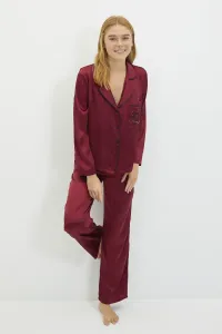 Trendyol Burgundy New Year Themed Embroidered Satin Shirt-Pants Woven Pajama Set #744560