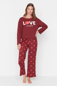 Trendyol Burgundy Heart and Motto Print Knitted Pajamas Set