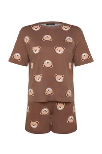 Trendyol Curve Brown Teddy Bear Printed Cotton Knitted Pajamas Set #8891036