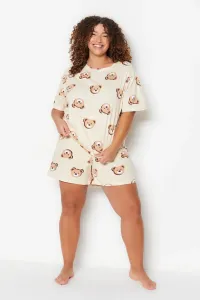 Trendyol Curve Ecru Teddy Bear Printed Cotton Knitted Pajamas Set #8844030