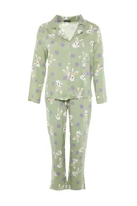 Trendyol Curve Mint Rabbit Printed Woven Pajamas Set