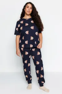 Trendyol Curve Navy Blue Teddy Bear Pattern Knitted Pajamas Set #8526592