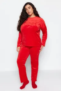 Trendyol Curve Red Velvet Crew Neck Knitted Pajamas Set #8610075