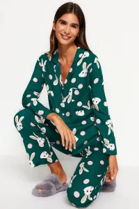 Trendyol Emerald Green Rabbit Patterned Shirt-Pants Woven Pajamas Set