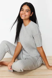 Trendyol Gray Cotton Ribbed Slit Detailed Knitted Pajamas Set #9190410