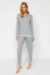 Trendyol Gray Heart Embroidered Lace Detailed Cotton Tshirt-Pants Knitted Pajamas Set