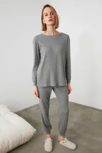 Trendyol Gray Ribbed Cotton Wide Fit Knitted Pajamas Set