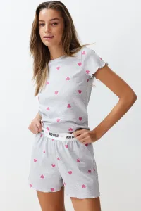 Trendyol Gray Melange Heart Slogan Printed Elastic Detail Ribbed Knitted Pajamas Set