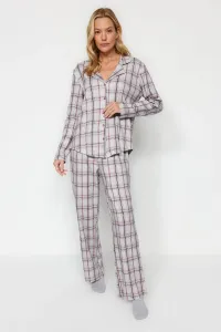 Trendyol Gray Multicolored 100% Cotton Brushed Plaid Shirt-Pants Knitted Pajama Set