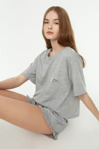 Trendyol Gray Cotton Printed T-shirt-Shorts Knitted Pajamas Set