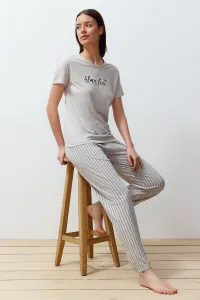 Trendyol Gray Motto Printed Striped Knitted Pajamas Set