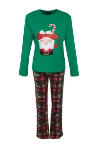 Trendyol Green 100% Cotton Christmas Theme Tshirt-Pants and Knitted Pajamas Set