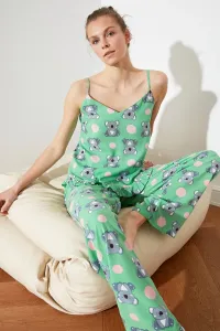 Trendyol Green Koala Pattern Frilly Viscose Tank Top-Pants Woven Pajamas Set