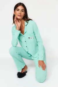 Trendyol Mint Animal Printed Shirt-Pants Knitted Pajamas Set