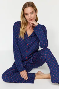 Trendyol Navy Blue 100% Cotton Check Shirt-Pants and Knitted Pajamas Set