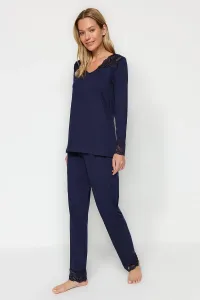 Trendyol Navy Blue 100% Cotton T-shirt-Pants with Lace Detailed Knitted Pajamas Set