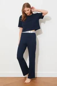 Trendyol Navy Blue Slogan Printed Rubber Detailed Corded Cotton T-shirt-Pants Knitted Pajamas