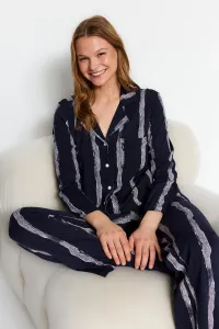 Trendyol Navy Blue Premium Striped Shirt-Pants Knitted Pajamas Set