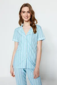 Trendyol Light Blue Cotton Striped Piping Detailed Sleep Band Knitted Pajamas Set #5846254