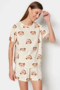 Trendyol Ecru 100% Cotton Teddy Bear Patterned T-shirt-Shorts Knitted Pajama Set #5098928