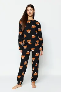 Trendyol Black 100% bavlnený plyšový medvedík s potlačou trička-jogger Pletené pyžamo