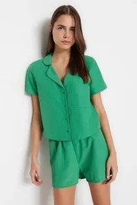 Trendyol Green Terrycotton Shirt-Shorts Woven Pajama Set