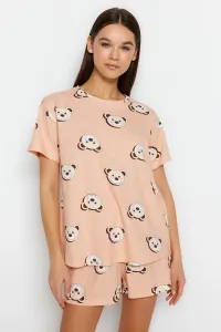Trendyol Salmon 100% Cotton Teddy Bear Printed T-shirt-Shorts Knitted Pajama Set