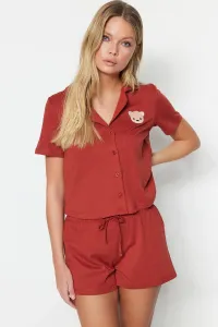 Trendyol Cinnamon Cotton Teddy Bear Embroidered Shirt-Shorts Knitted Pajama Set