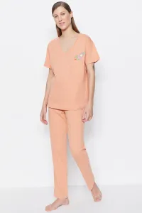 Trendyol Lilac 100% Cotton Printed Wide Fit T-shirt-Pants Knitted Pajama Set with Pocket Detail