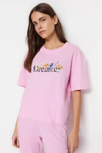 Trendyol Light Pink 100% Cotton Slogan Printed T-shirt-Pants Knitted Pajama Set