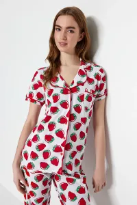 Trendyol White Cotton Piping Detailed Strawberry Patterned Shirt-Pants Knitted Pajamas Set