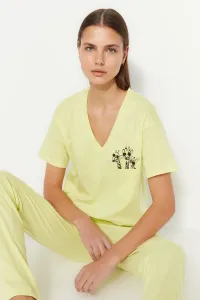 Trendyol Yellow 100% Cotton Printed Pocket Detailed Wide Fit T-shirt Trousers Knitted Pajamas Set